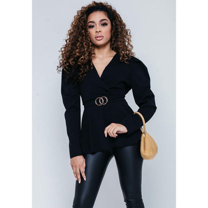 Black puff shoulder blouse with back knot and belt detail, women&