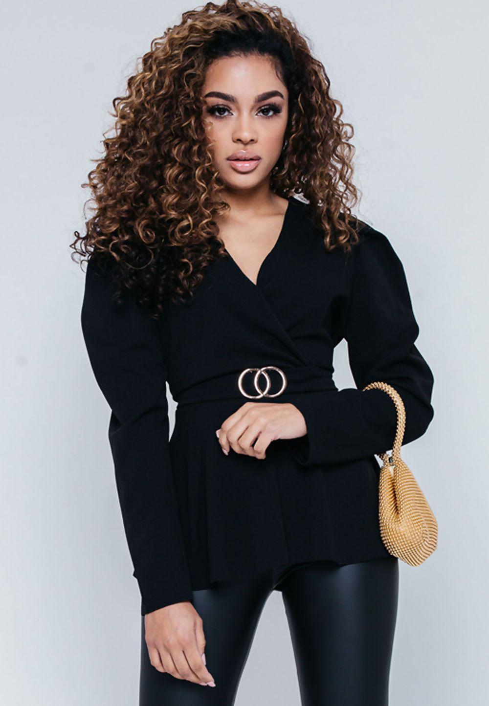 Black puff shoulder blouse with back knot detail and belted waist, from Azure Theseus women&