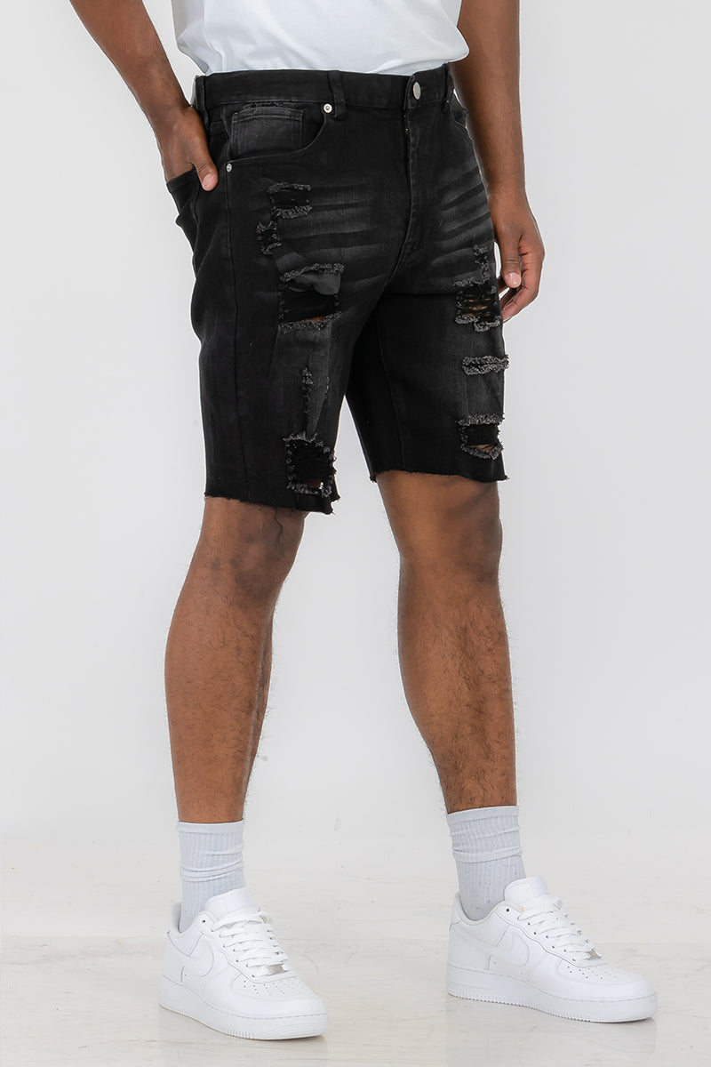 Black washed distressed denim shorts for men by Lime Milo, featuring rugged style and casual fit.