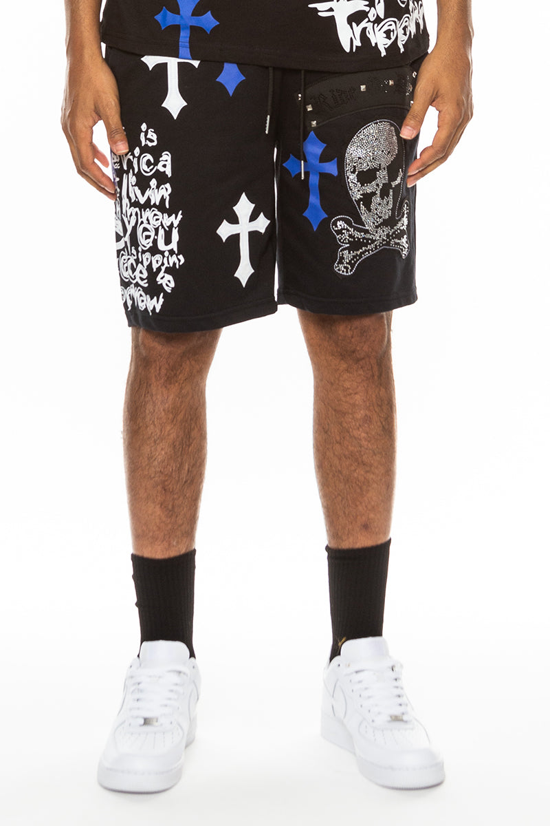 Bejewelled Chrome Skull Shorts by Lime Milo, men&