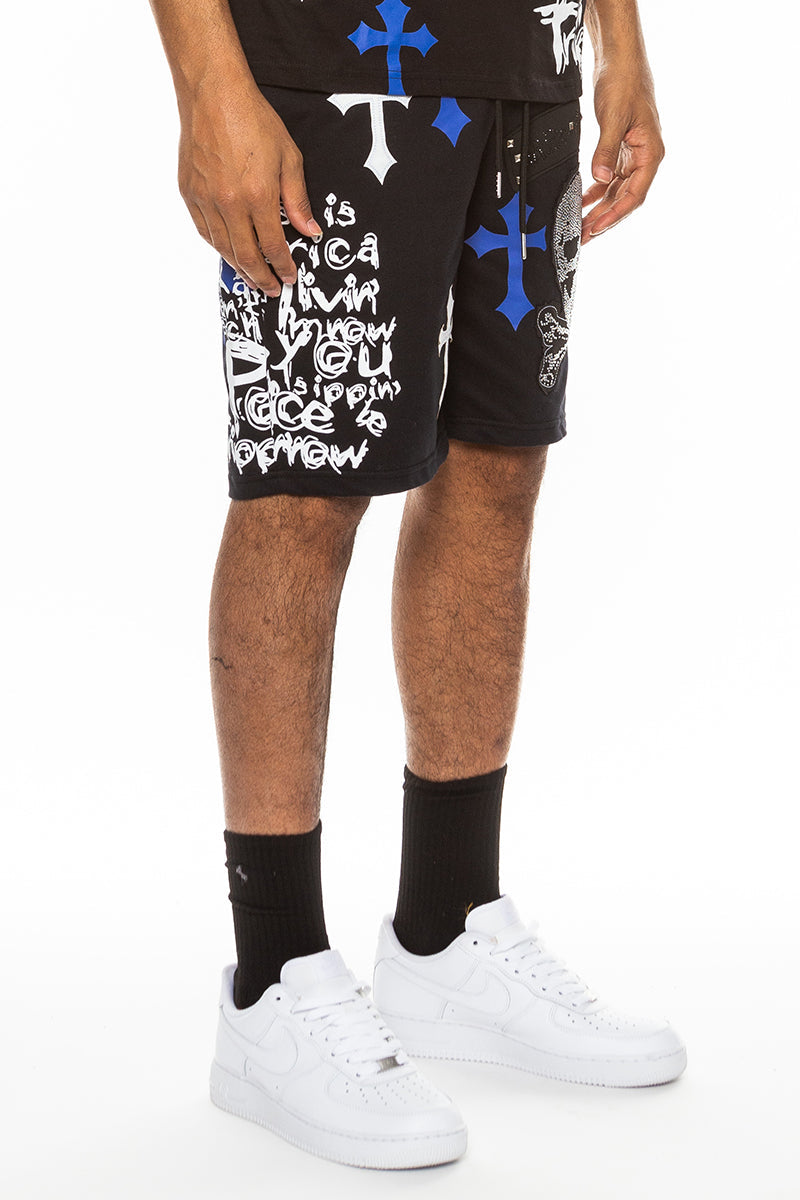 Bejewelled chrome skull design shorts for men by Lime Milo in black and blue with detailed embellishments.
