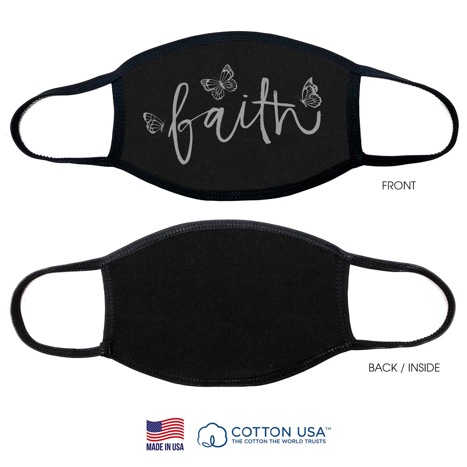 Orange Eunostus Faith black cotton face mask with butterfly design, made of soft fabric for comfortable wear.