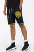 Black Lime Milo Lion Head Shorts for men, showing the front view with a bold lion head graphic and adjustable waistband.