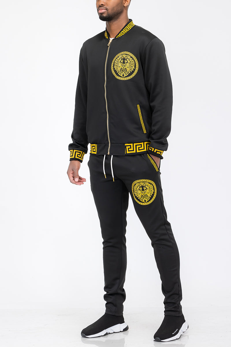 Black Lion Head Track Set for men by Lime Milo, featuring a stylish jacket and matching pants with lion head design.