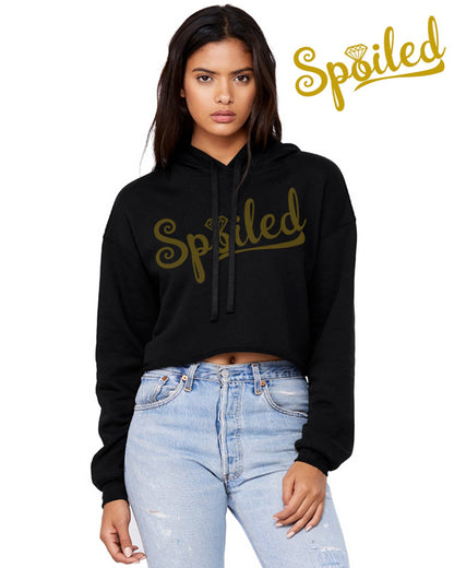 Black spoiled crop top hoodie by Gold Charlie, casual sweater with a relaxed fit and trendy distressed design.