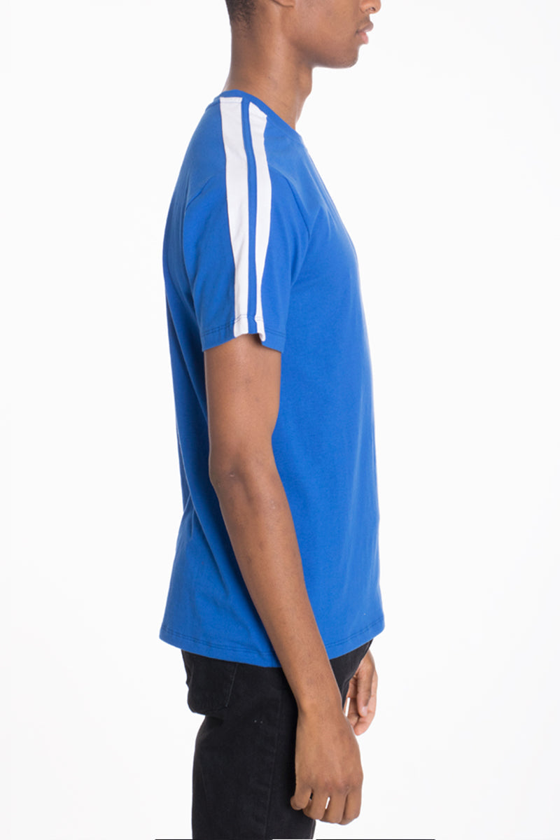 Lime Milo Coleman Two Stripe Tee, a casual T-shirt with blue and white stripes, displayed on a hanger.