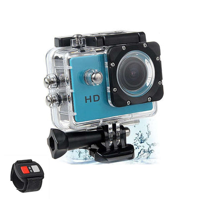 Salmon Lucky 4K waterproof digital UHD WiFi camera with RF remote and accessories, shown in blue with various attachments.