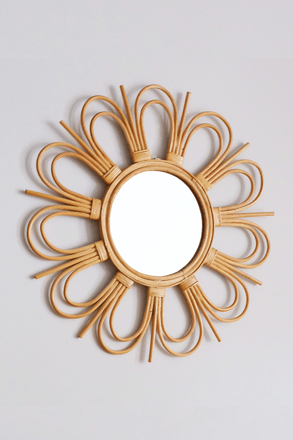 Start2Finish flower-shaped rattan mirror with a round frame, perfect for bohemian or modern home decor.