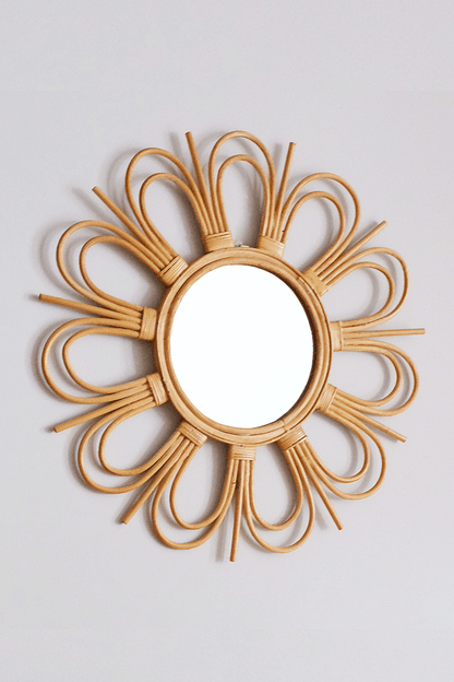 Start2Finish flower-shaped rattan mirror with a round frame, perfect for bohemian or modern home decor.