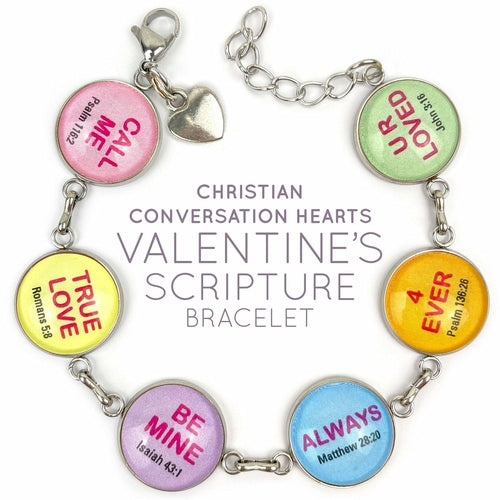 Glass Christian conversation hearts bracelet with heart-shaped charms featuring Valentine&