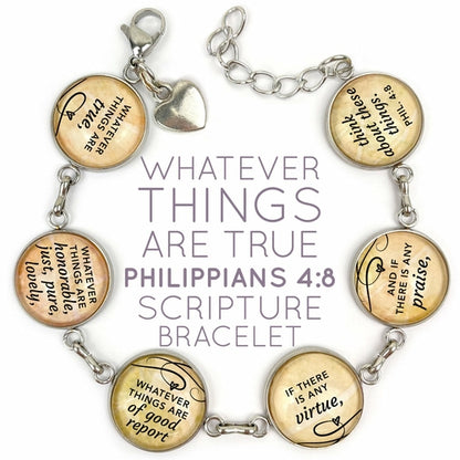 Glass scripture bracelet with Philippians 4:8 "Whatever Things Are True" inscription by Orchid Briseis, featuring elegant design.