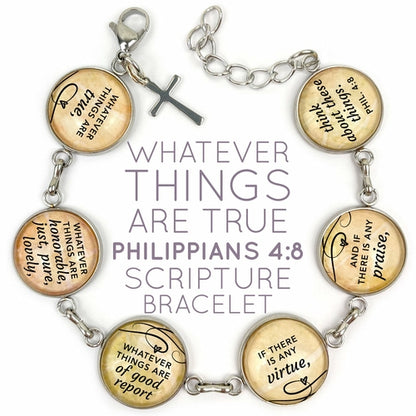 Glass bracelet with Philippians 4:8 scripture inscription by Orchid Briseis, featuring inspirational Christian message and elegant design.