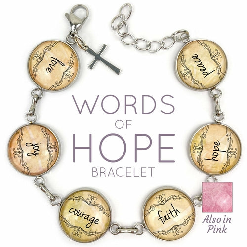 Glass charm bracelet featuring engraved words of hope including love, joy, courage, faith, hope, and peace by Orchid Briseis.