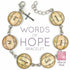 Glass charm bracelet featuring engraved words of hope including love, joy, courage, faith, hope, and peace by Orchid Briseis.
