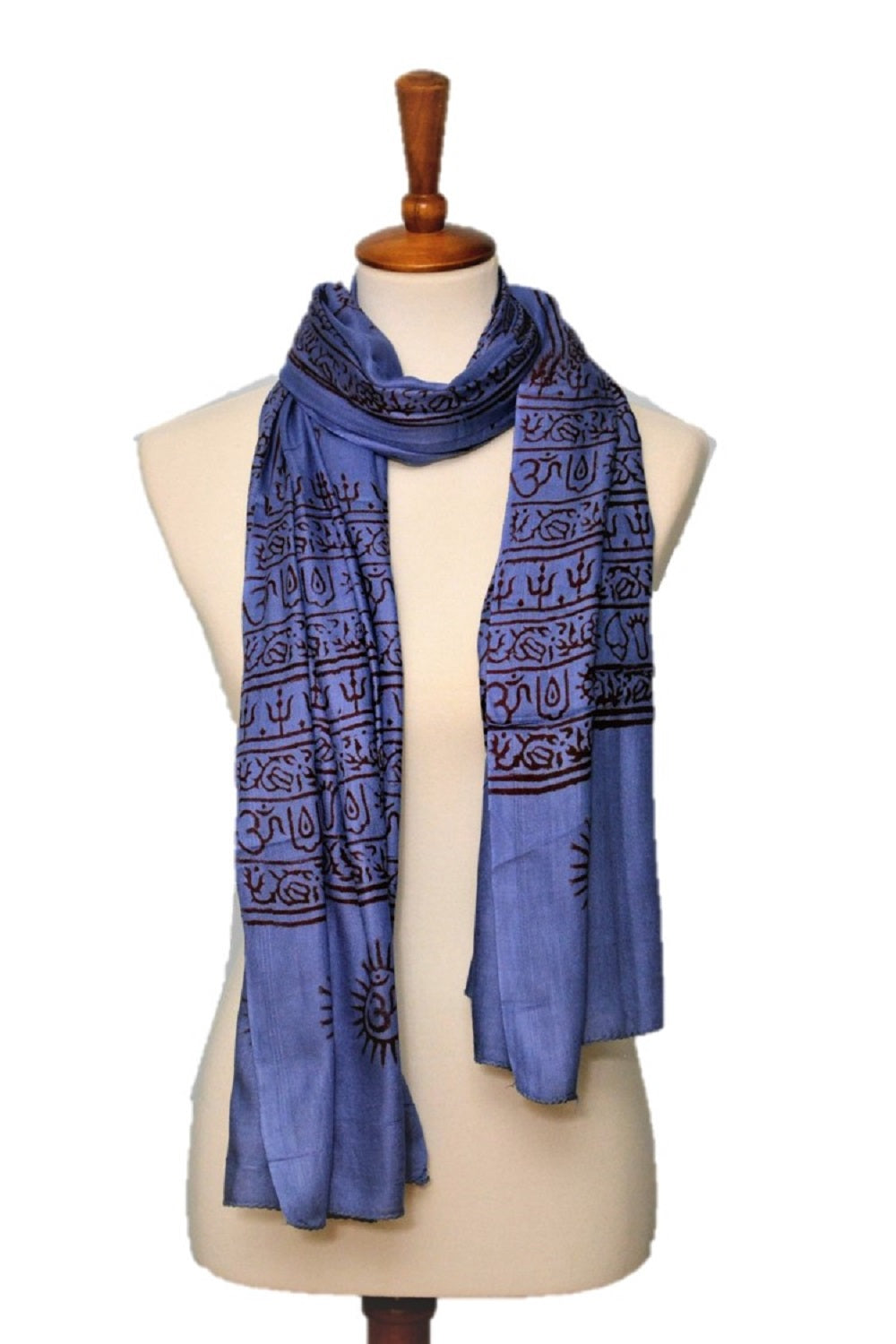 Bright blue OM Yoga meditation mantra prayer shawl by Alabaster, large scarf with intricate patterns for mindfulness practice.