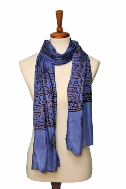 Bright blue OM Yoga Meditation Mantra Prayer Shawl by Alabaster, large scarf with intricate design, ideal for meditation or spiritual practice.