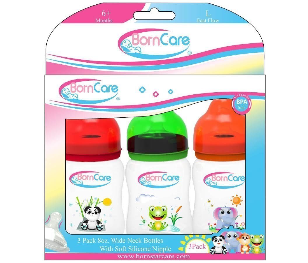 Rose Chloe BornCare 8oz wide neck feeding bottle with silicone nipple, suitable for parenthood and baby feeding accessories.