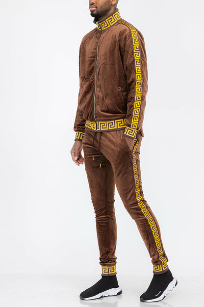 Lime Milo Status Velour Track Set for men in brown gold color, featuring a comfortable hoodie and matching pants.