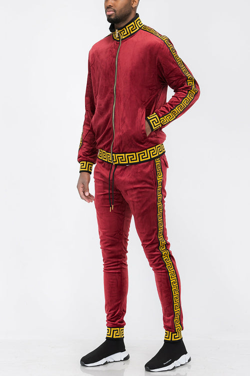 Lime Milo Status Velour Track Set for men, burgundy color, includes matching jacket and pants, soft velour fabric.