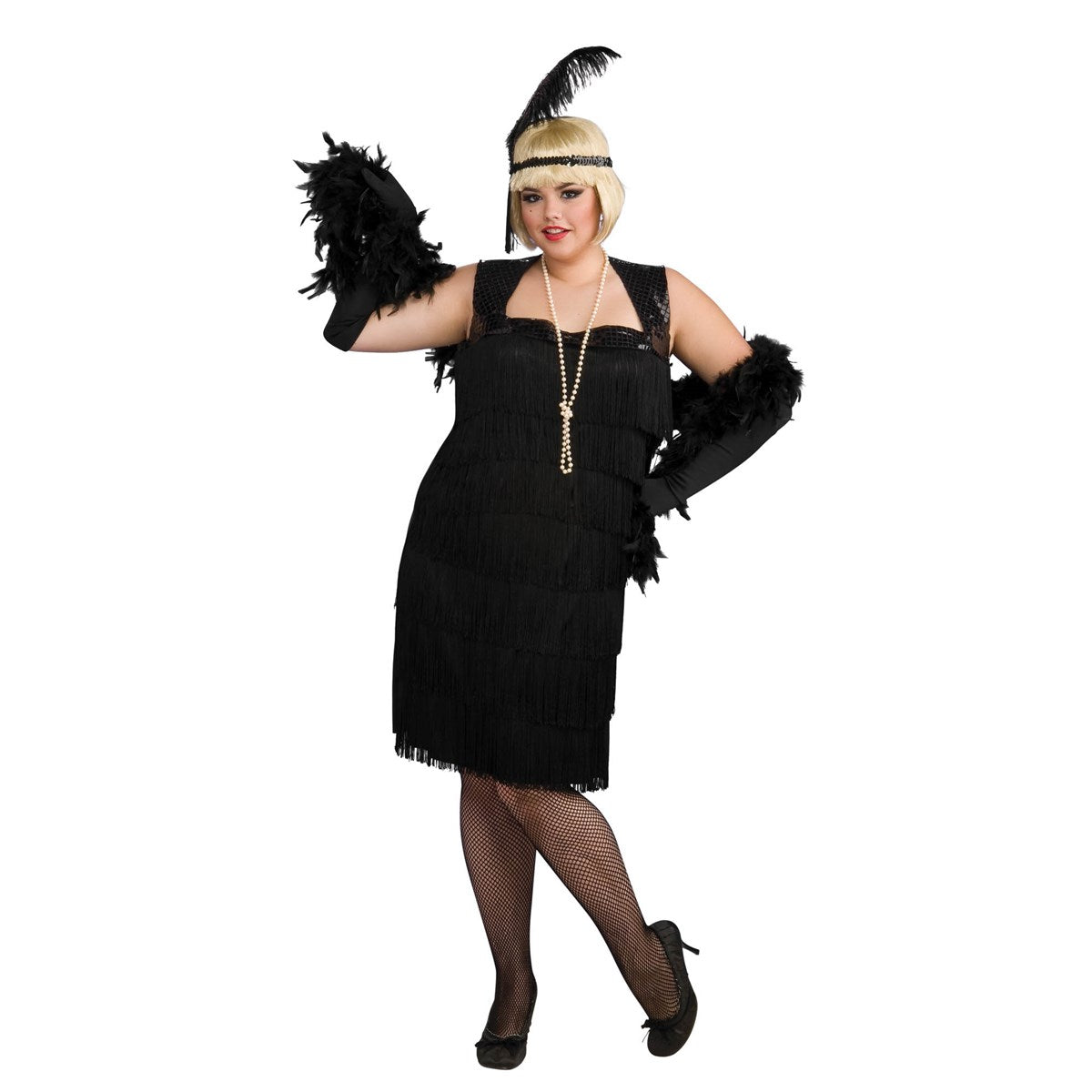 Rose Chloe Rubies Costumes adult flapper dress in black with fringe and bead details, perfect for vintage-themed parties.