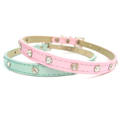 Pink baby diamante dog collar by Salmon Oscar, featuring rhinestones and delicate petwear design for small dogs.