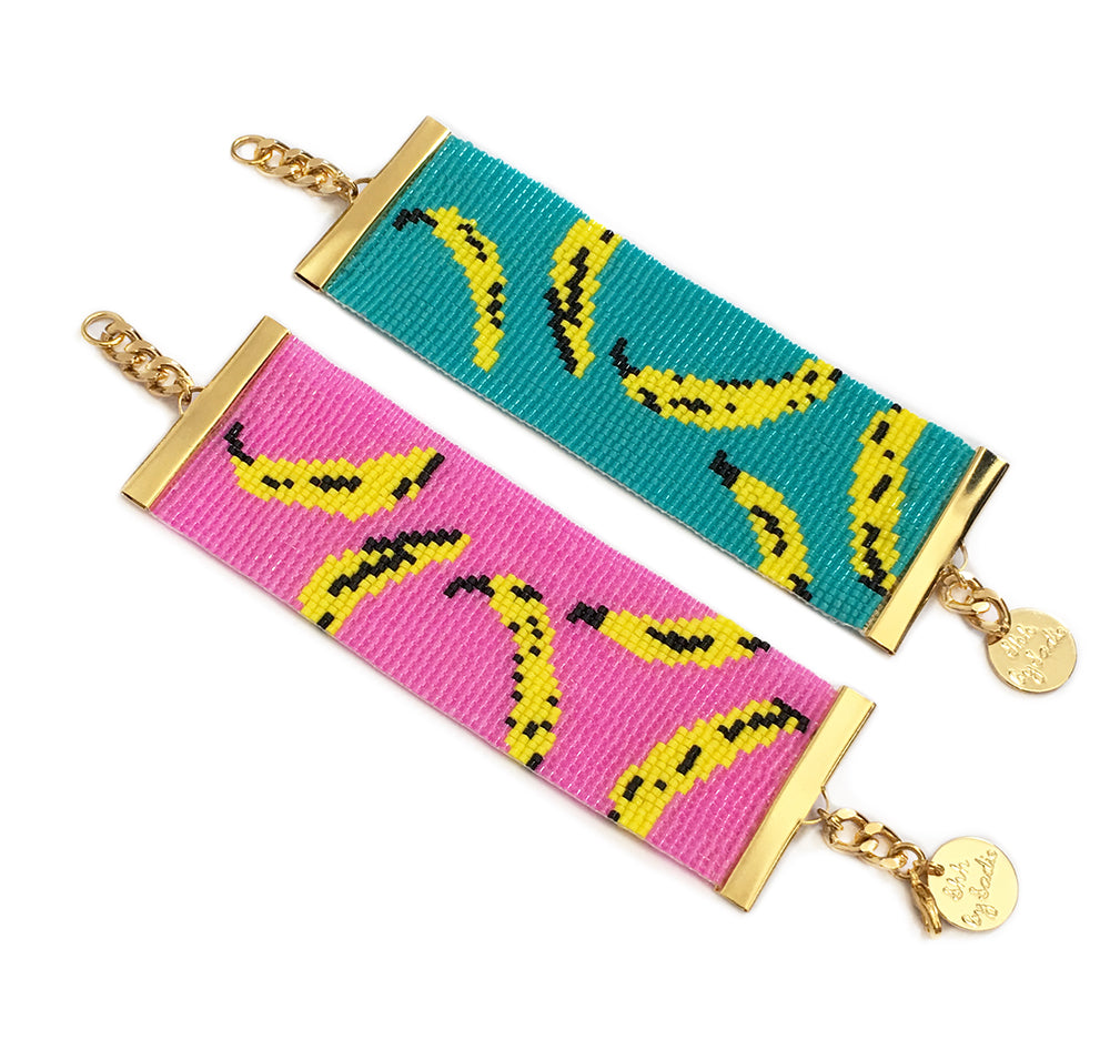 Pink and turquoise Bananas Bracelet by Yellow Athena featuring colorful banana-shaped beads on a stylish bracelet design.