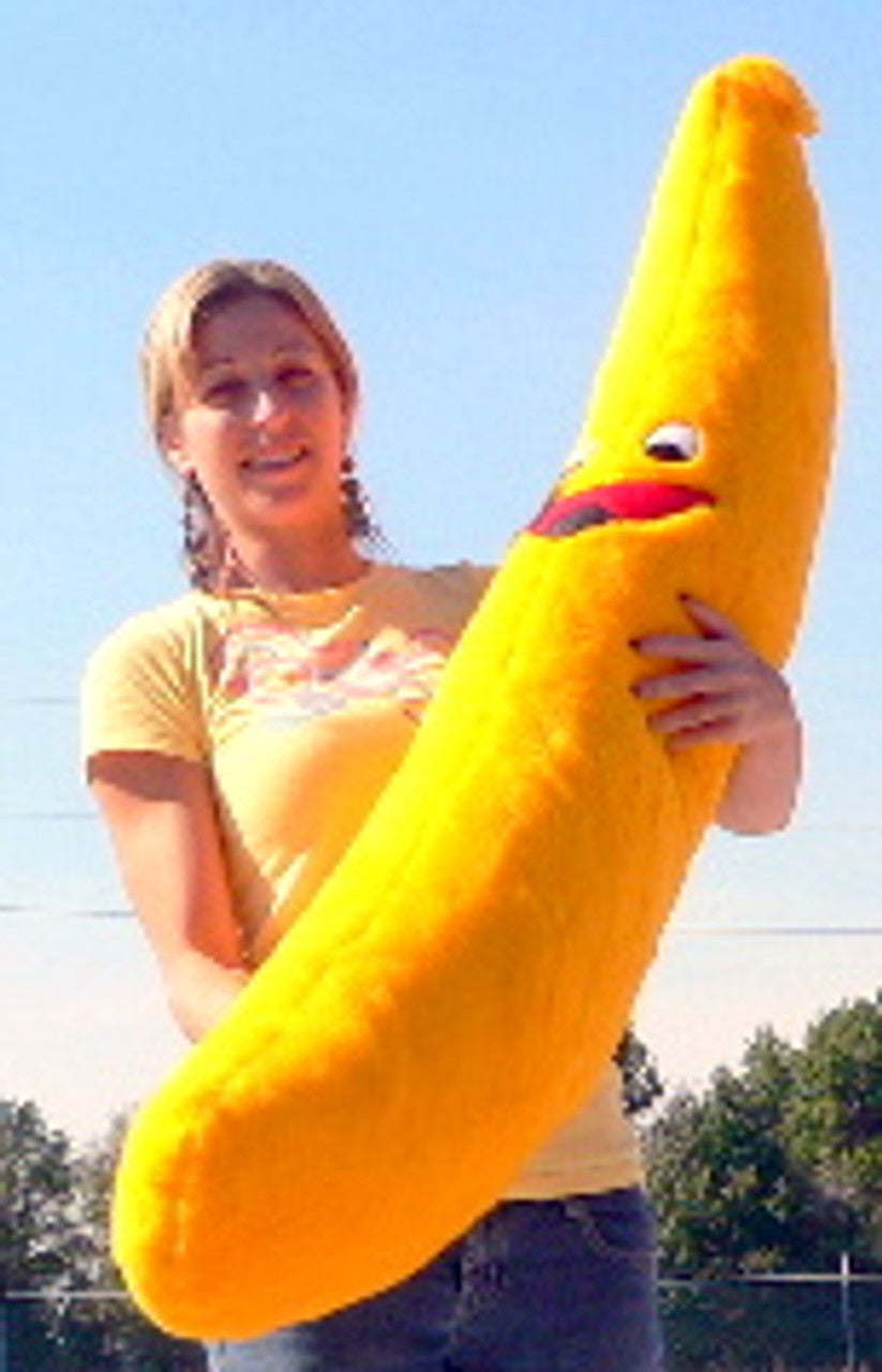 Large Ultramarine Eros giant stuffed banana plush, 5 feet tall, soft and colorful gift for fun or decor.