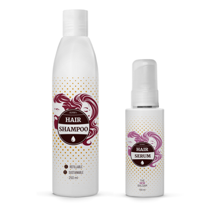 Sangria Poppy calming hair shampoo and balsam set with soothing formula, gentle for all hair types, in a sleek haircare bottle.