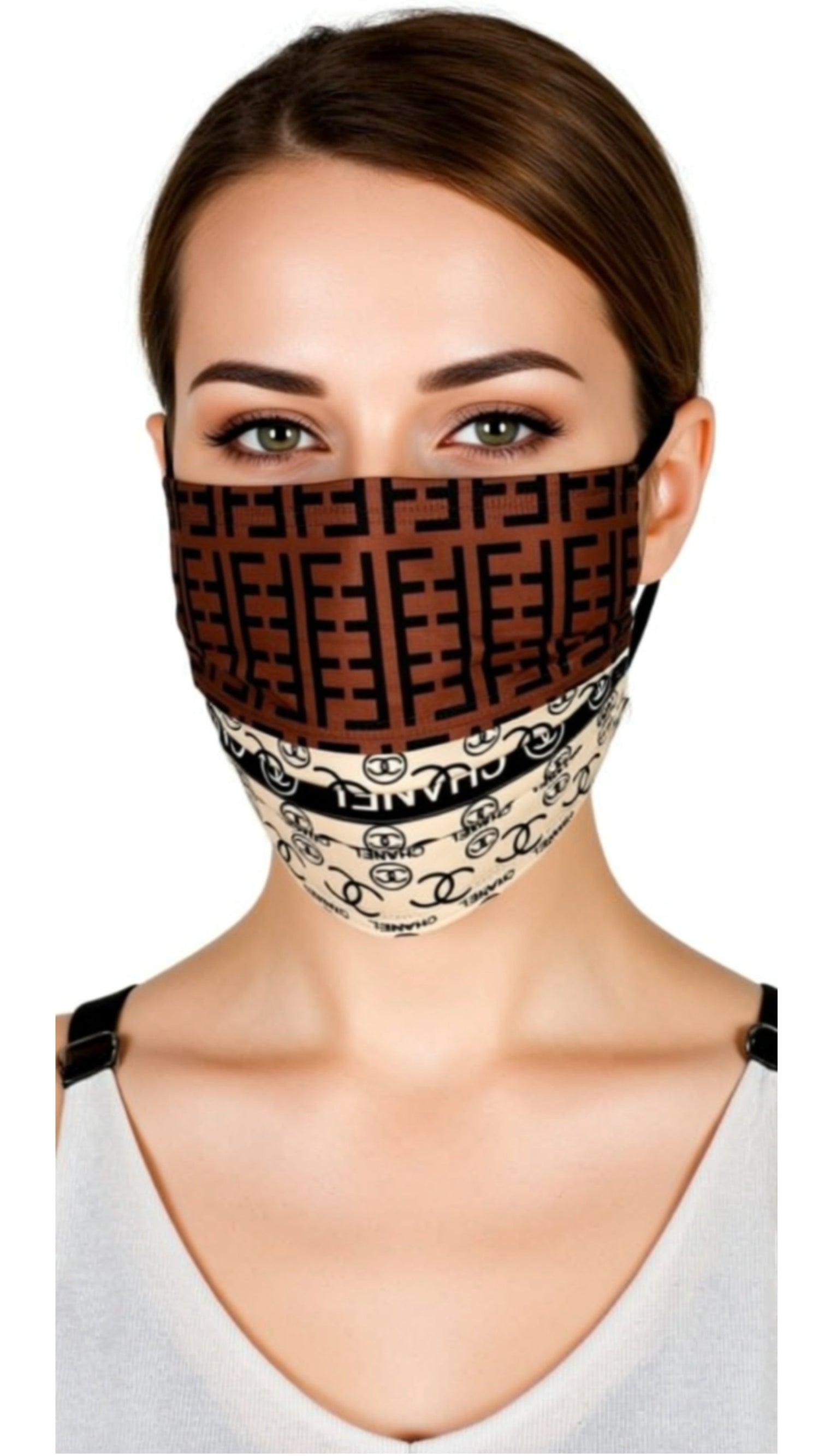 Fuchsia Erebus face mask designed with handbag-inspired patterns, featuring stylish, colorful fabric and adjustable ear straps.