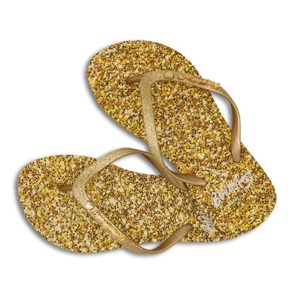 Women’s golden shimmer sandals by Ivory Aphrodite from BeachyFeet, featuring a stylish design with shimmering straps.
