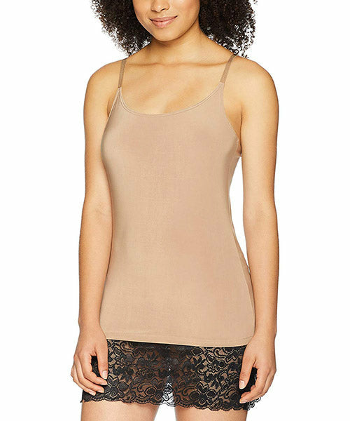 Beige CamiLong top by Melanter with black straps, sleeveless blouse, lightweight fabric, stylish and comfortable for casual wear.