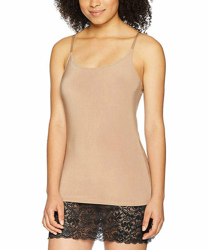 Beige CamiLong top by Melanter with black straps, sleeveless blouse, lightweight fabric, stylish and comfortable for casual wear.