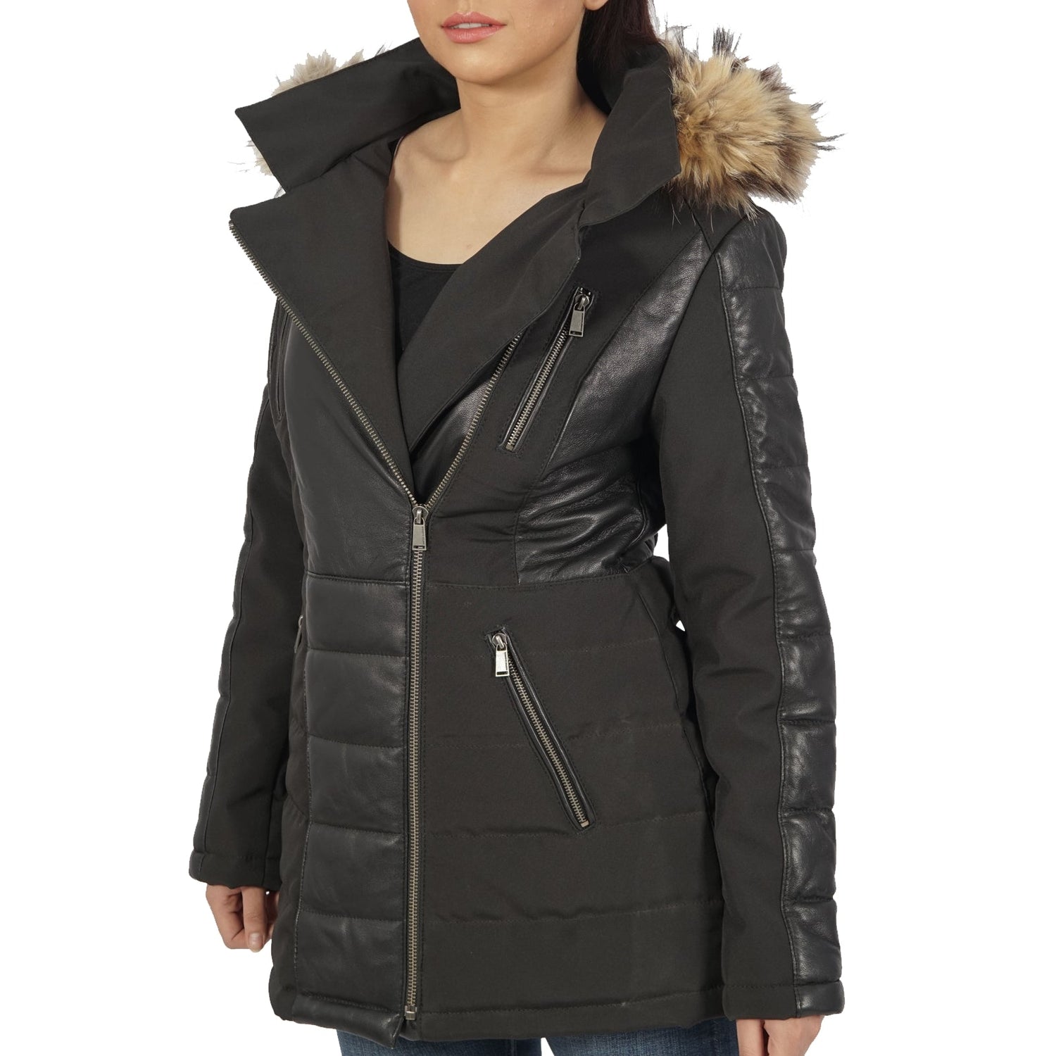 Black faux fur hooded jacket by Azure Metis, featuring a stylish Bella design with a cozy, plush collar and sleek silhouette.