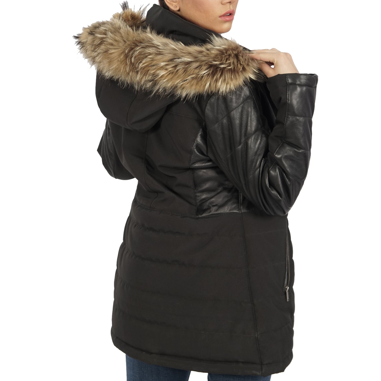 Azure Metis Bella faux fur black hooded jacket with plush collar and cozy design, perfect for stylish winter wear.