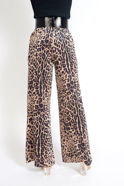 Azure Thanatos Bianca velvet pants in leopard print, wide-leg style, showcasing soft velvet fabric and bold animal pattern.
