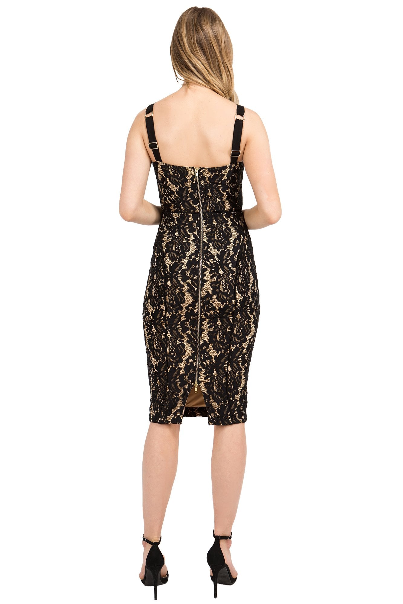 Black lace Bianca bodycon midi dress by Peach Dionysus with a gold zipper detail at the back, form-fitting and elegant.