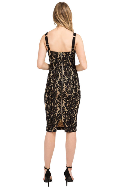 Black lace Bianca bodycon midi dress by Peach Dionysus with a gold zipper detail at the back, form-fitting and elegant.