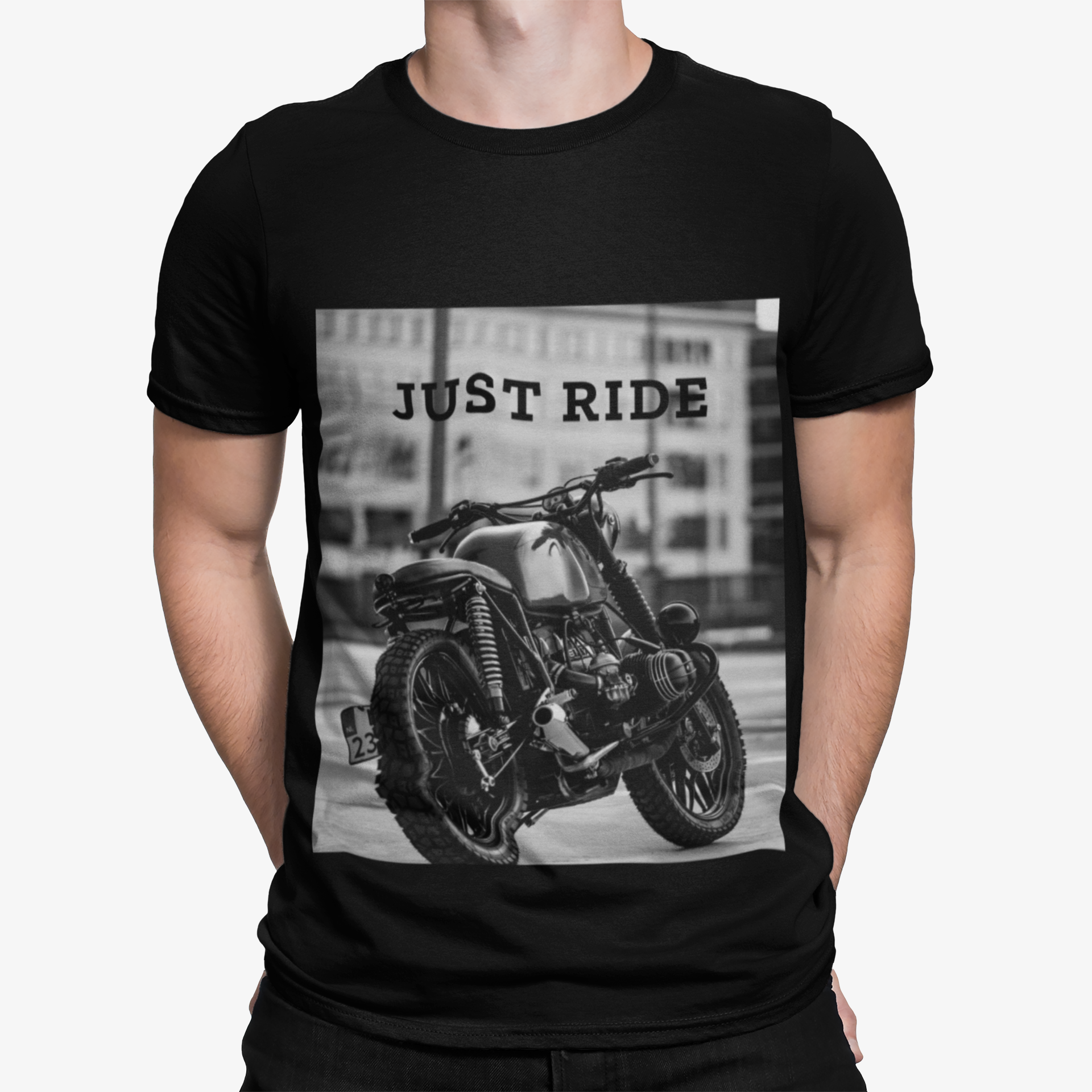 Black motorcycle-themed T-shirt by Yellow Pandora featuring the "Just Ride" design, made of heavy cotton fabric.