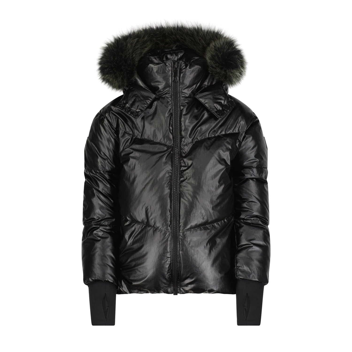 Black winter coat for kids with green faux fur trim from Mauve Pear, featuring a cozy and stylish design.