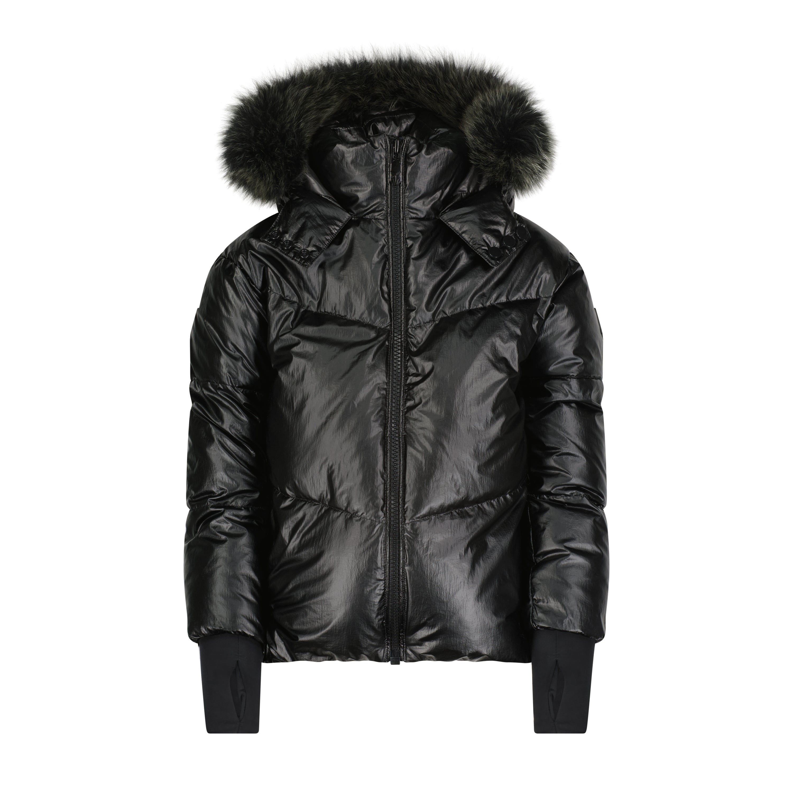 Black winter coat for kids with green faux fur trim from Mauve Pear, featuring a cozy and stylish design.