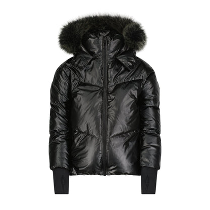 Black winter coat for kids with green faux fur trim from Mauve Pear, featuring a cozy and stylish design.