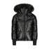 Black winter coat for kids with green faux fur trim from Mauve Pear, featuring a cozy and stylish design.