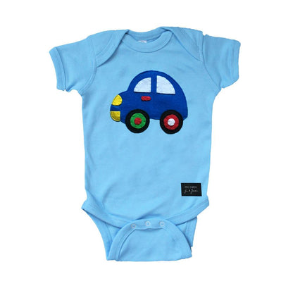 Sky Blue Milo baby onesie featuring a blue car design, made for infants, in light blue color with soft fabric for comfort.