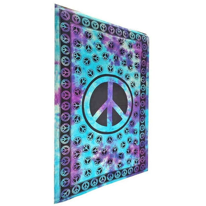 Blue tie-dye tapestry with a peace sign design, wall hanging coverlet from Silver Hestia, ideal for boho decor and wall decor.