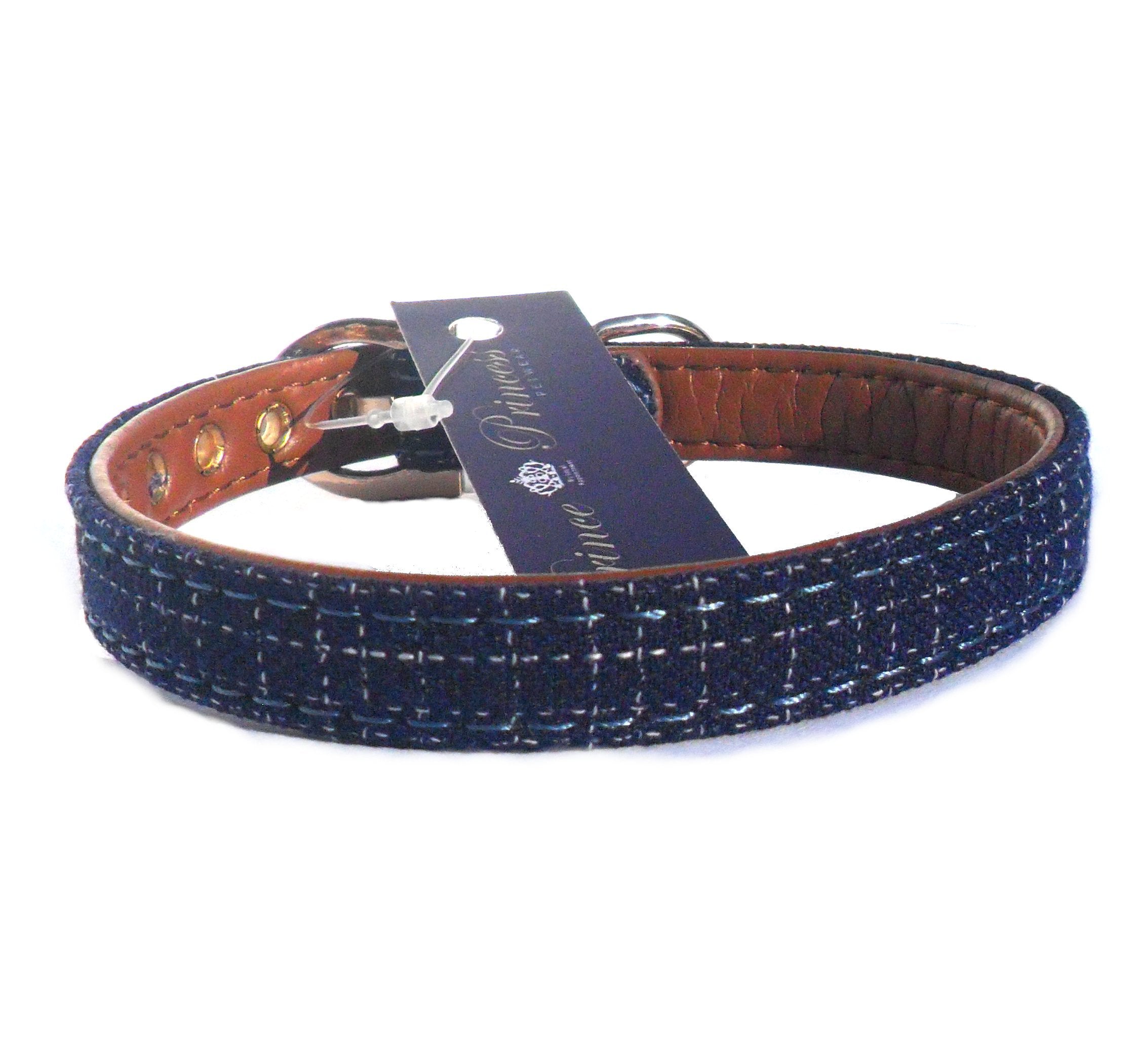 Salmon Oscar blue fabric and brown faux leather pet collar with adjustable buckle and stylish design.