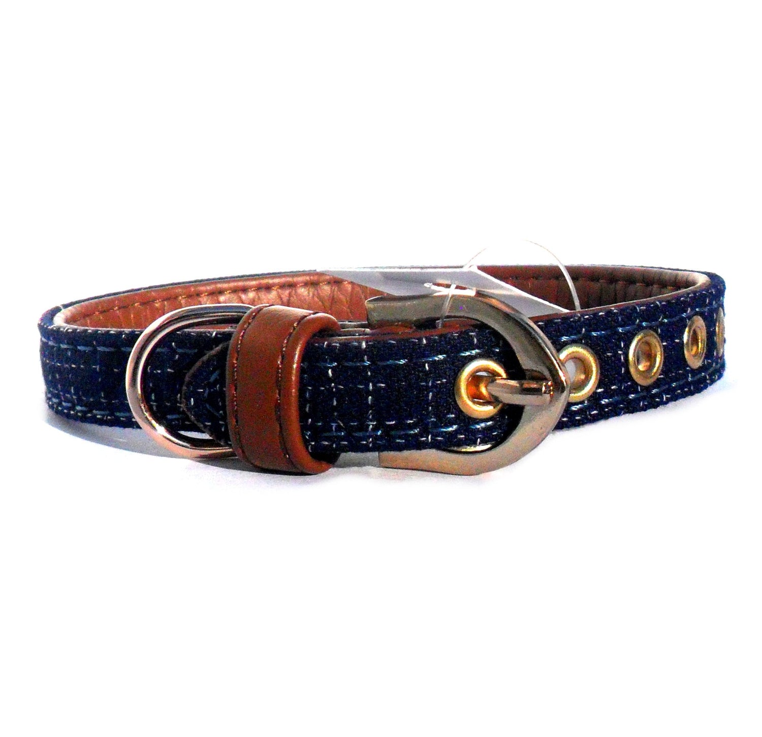 Blue fabric and brown faux leather pet collar with metal buckle, stylish leash accessory from Salmon Oscar.