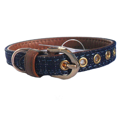 Blue fabric and brown faux leather collar for pets, featuring adjustable design and metal buckle, by Salmon Oscar.