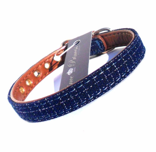 Blue fabric and brown faux leather pet collar with metal buckle, designed for dogs, by Salmon Oscar.