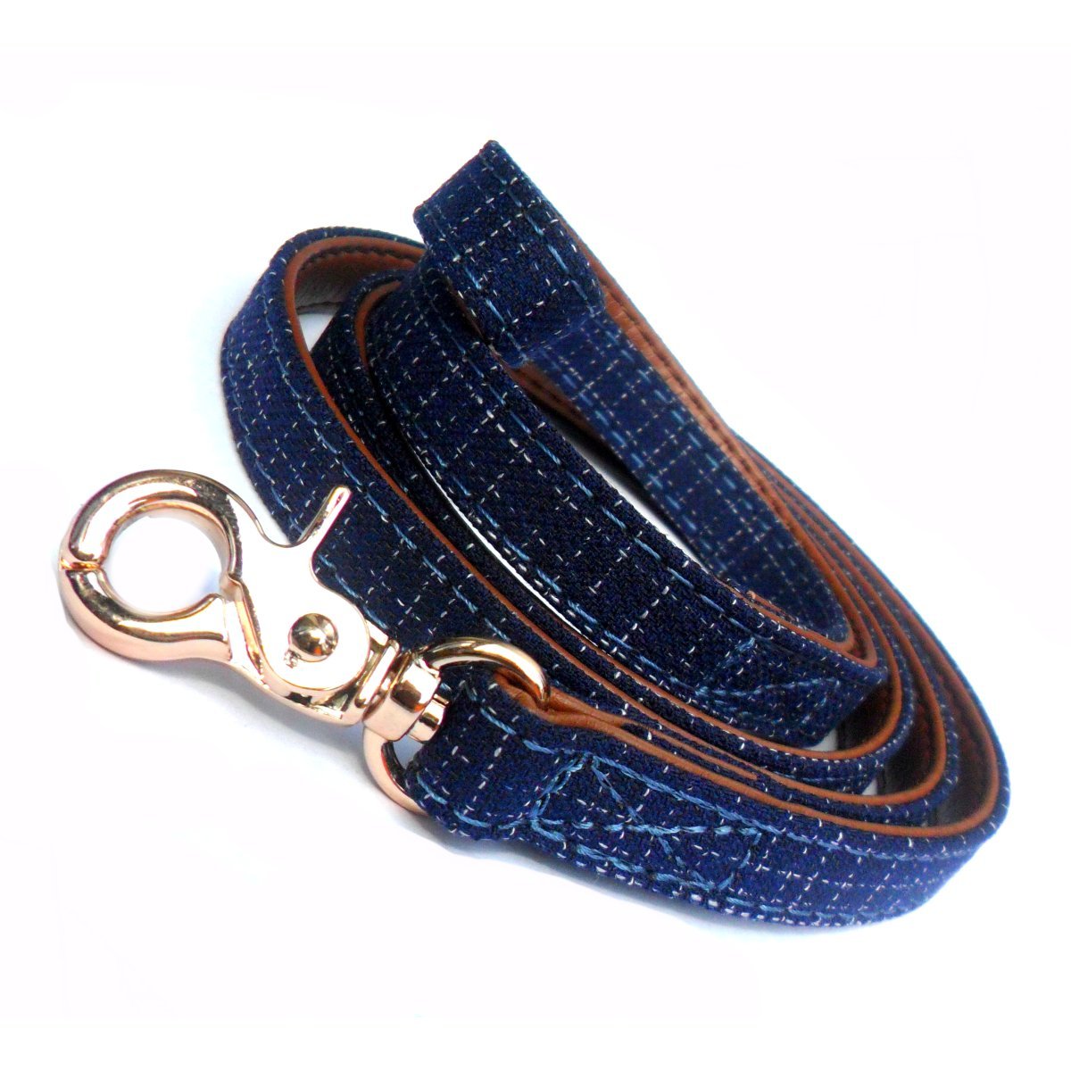Blue denim fabric dog lead with faux leather accents by Salmon Oscar, designed for durable and stylish pet walking accessories.