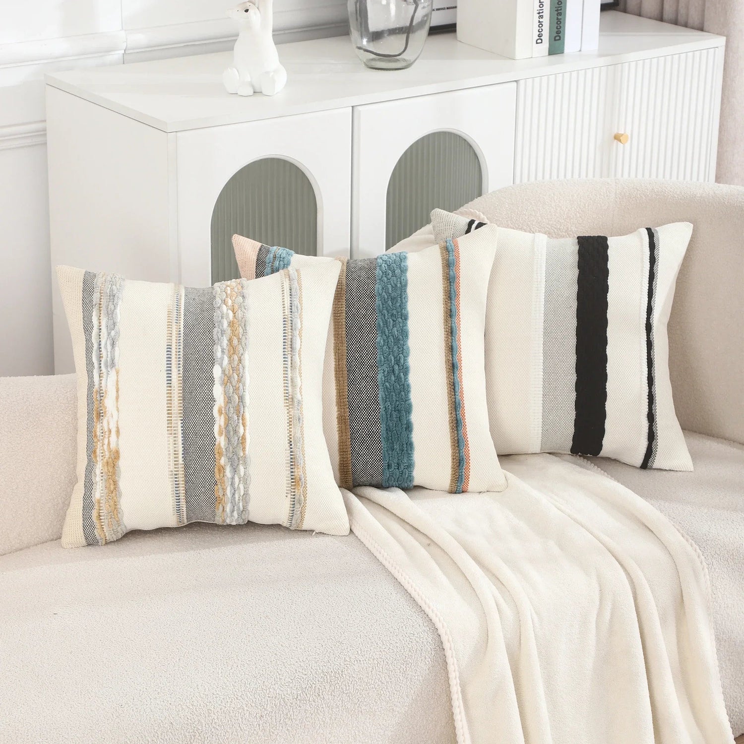 Boho striped chenille throw pillowcases by Copper Pallas featuring soft, textured fabric in a stylish striped design.
